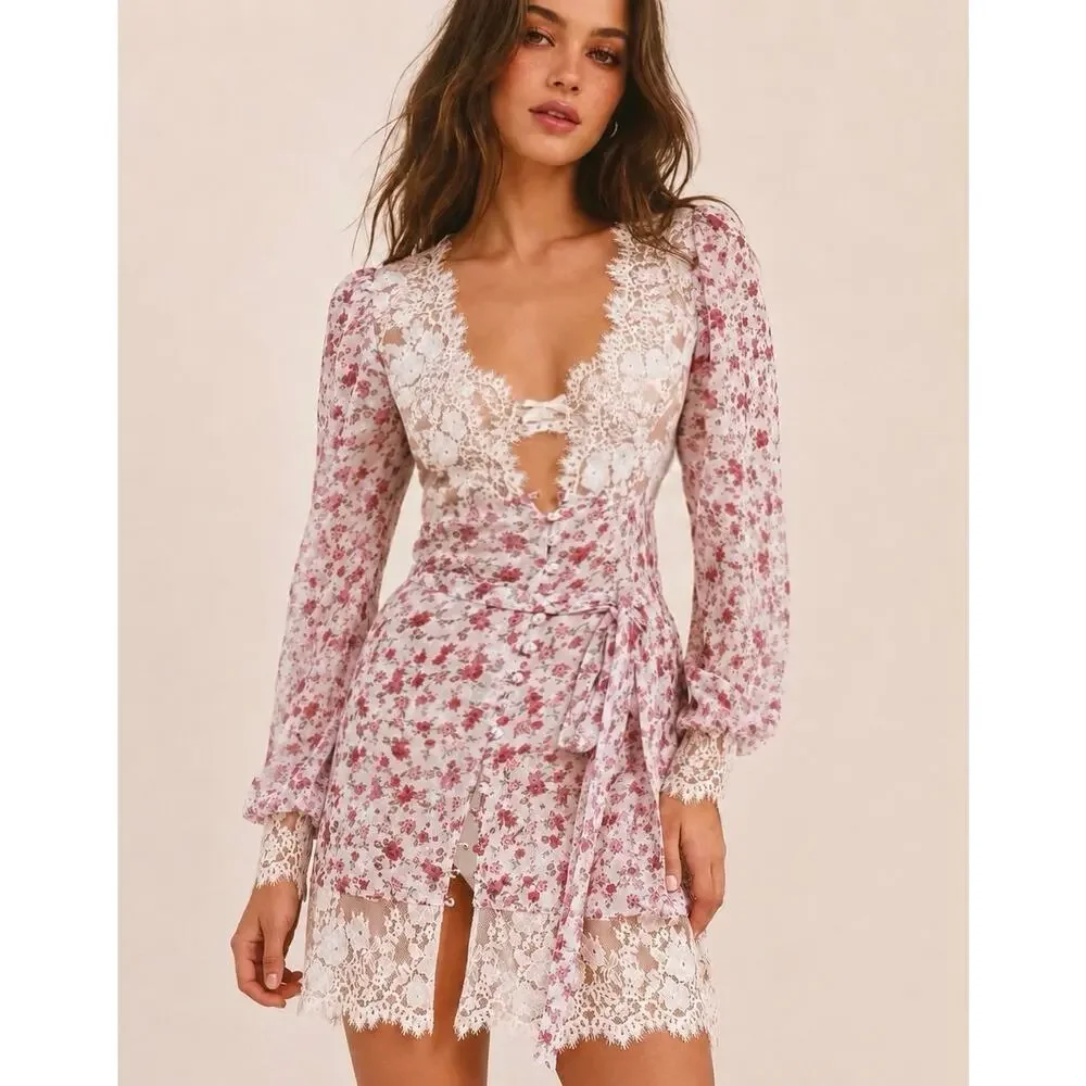 For Love & Lemons NWT Victoria’s Secret Pink Lace Floral Melrose Mini Robe XS